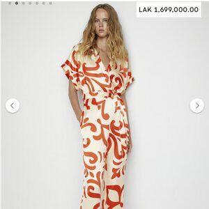 Mango Jumpsuit Printed Satin Jumpsuit in Red | Size Medium